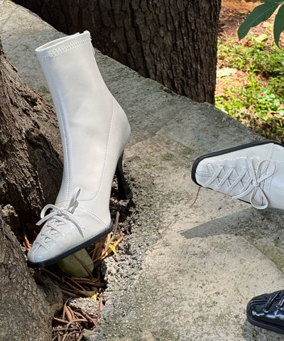 Boutique Splicing High Heel Stiefel Weiß Kunstleder Schleife 