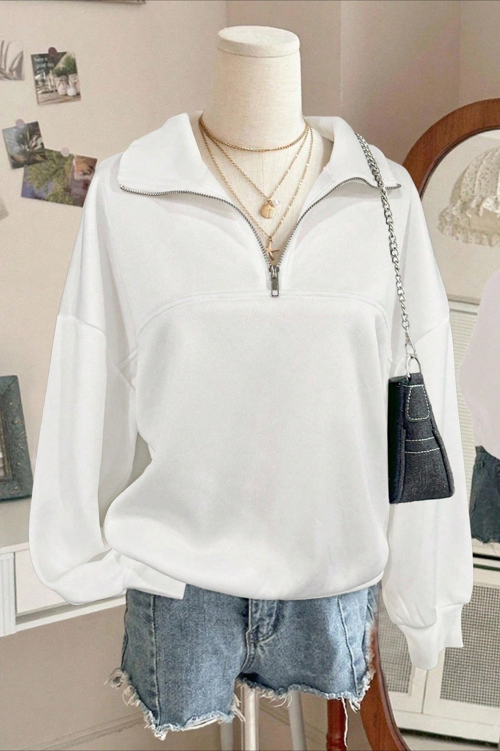 Solid Half Zip Loose V-Neck Sweatshirts
