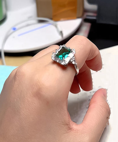 Anillos cuadrados de cristal de circón de plata esterlina verde fino 