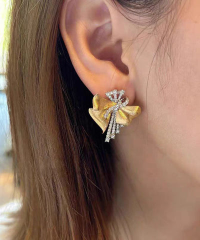 Boho Gold Alloy Asymmetrical Bow Zircon Silk Stud Earrings
