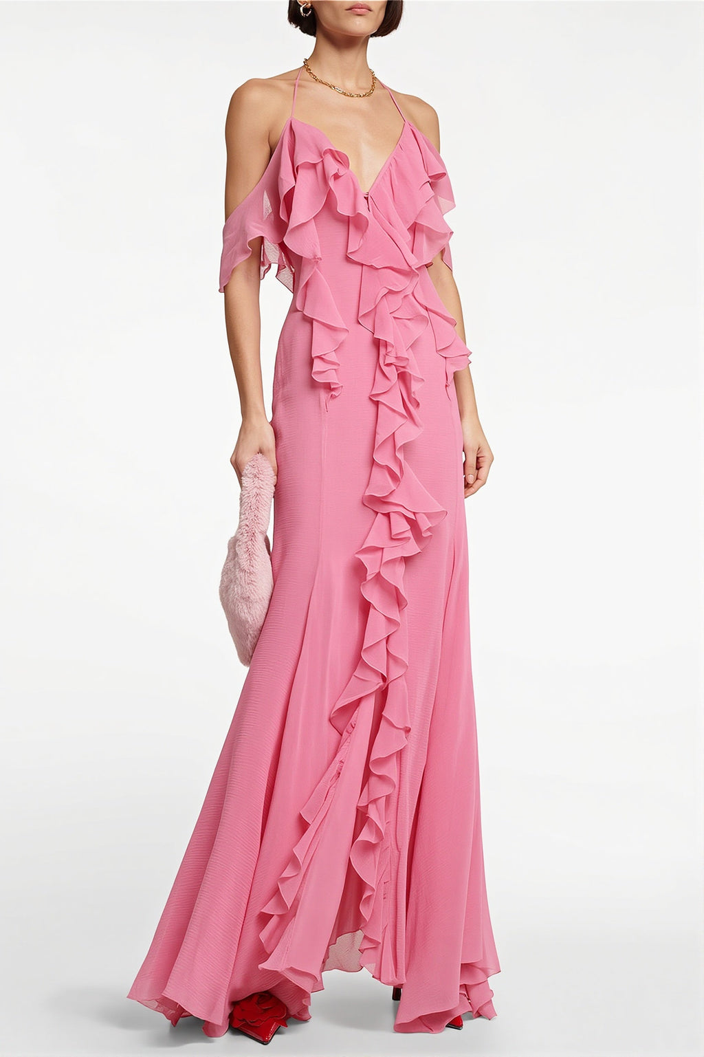 Deep V Halter Pink Ruffle Maxi Dress