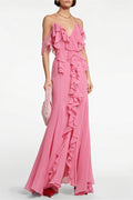 Deep V Halter Pink Ruffle Maxi Dress