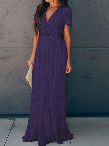 V-Neck Maxi Dress Short Sleeves Casual Long Dress
