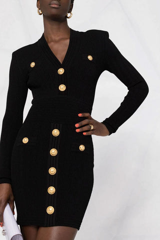 Vestido corto de invierno de canalé con mangas largas y botones OL - Negro