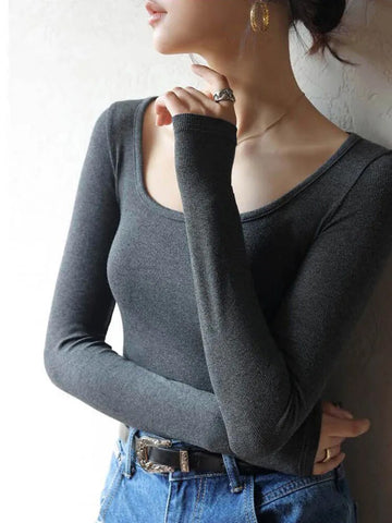 T-shirt Autumn Winter Low Neck Undercoat Women's Spring Autumn Top Long sleeve Slim fit inside and outside