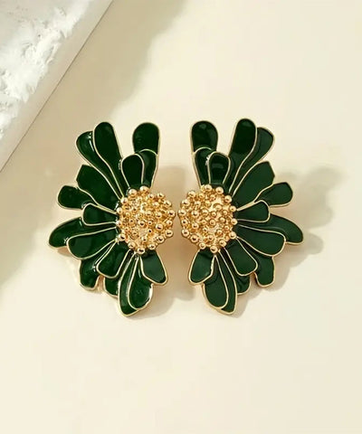 Boho Black Sterling Silver Overgild Floral Stud Earrings