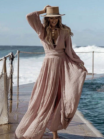 Maxi Dress V-Neck Long Sleeves High-slit Long Dress