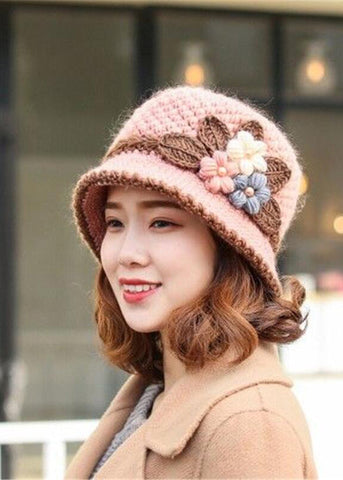 Gestrickte Damen Herbst und Winter Klassischer Plüsch-Eimerhut mit Blumenmuster 