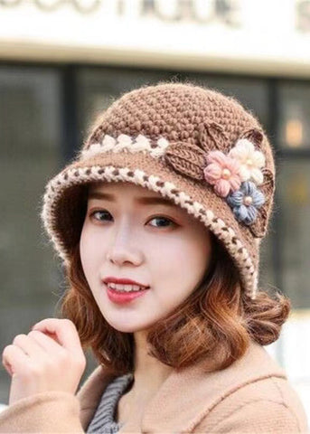 Gestrickte Damen Herbst und Winter Klassischer Plüsch-Eimerhut mit Blumenmuster 