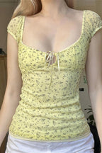 Vintage Cutout Tie Waist Yellow Floral Blouse