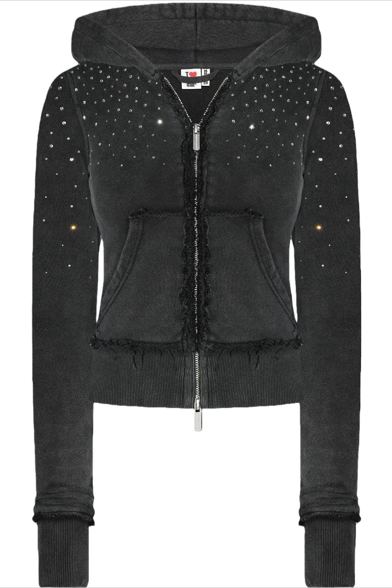 Rhinestone Crystal Zip Crop Hoodie