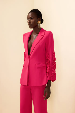 Solid Frill Long Sleeeve Blazer & High Waist Pants Set