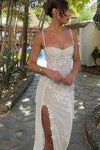 French 3D Floral Strap Waist-Cinched Split Maxi Dress