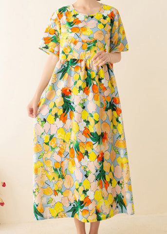 Túnicas italianas con estampado amarillo, cuello redondo, patchwork, vestidos de verano holgados 