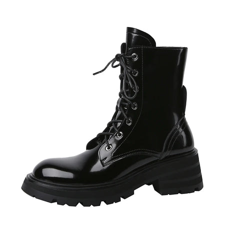 Botas de mujer otoño 2024, nuevas botas de tobillo de piel auténtica de estilo británico con suela gruesa y cordones, botas de plataforma para mujer 