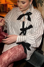 Bow Tie Striped Lapel Long Sleeve Blouse