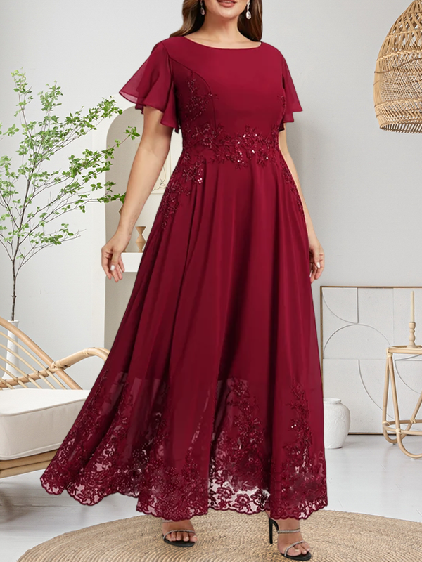 A-Linien-Kleid mit Rundhalsausschnitt, knöchellang, aus Spitze und Chiffon, mit Pailletten besetzt