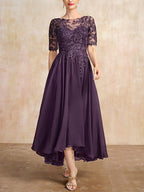 A-Linien-Kleid mit asymmetrischem Chiffon-Spitzenausschnitt und Pailletten für die Mutter der Braut 