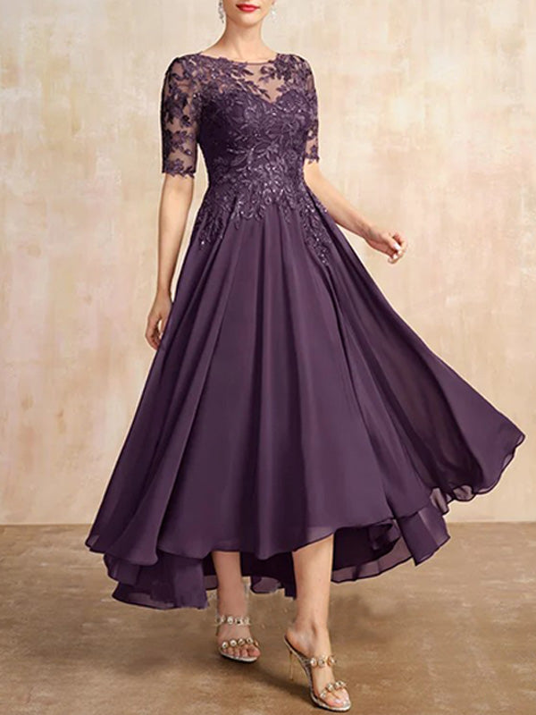 Vestido de madre de la novia de gasa asimétrica con encaje, ilusión, corte A y lentejuelas 