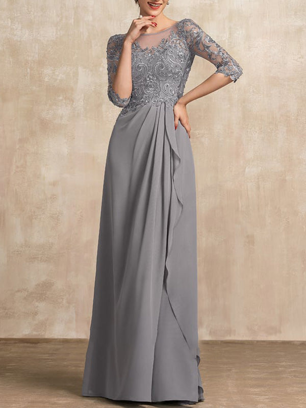 Vestido de gasa con encaje, ilusión, corte A, largo hasta el suelo, para madre de la novia, con lentejuelas y abalorios y volantes en cascada