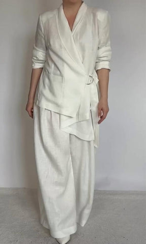 Conjunto cómodo de dos piezas de blusa y pantalón de lino y algodón para mujer 
