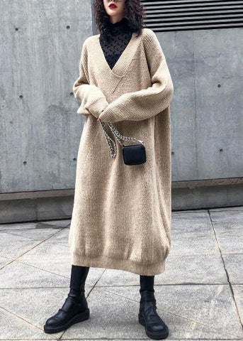 Vestido tipo suéter con cuello en V para mujer, vestido tipo suéter tipo túnica color caqui largo 