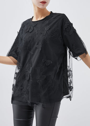 Blusa de tul con mariposas bordadas en negro para mujer, verano 