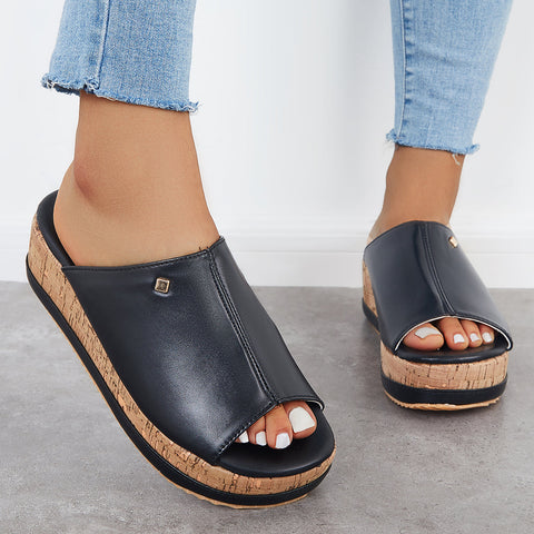 Bequeme Slip-on-Sandalen mit Korkfußbett und Plateau-Keilabsatz 