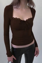 Lace Trimmed Slim Fit Bodysuit Knit Top