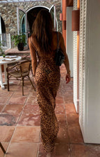 Sexy Sheer Cowl Neck Leopard Cami Maxi Dress