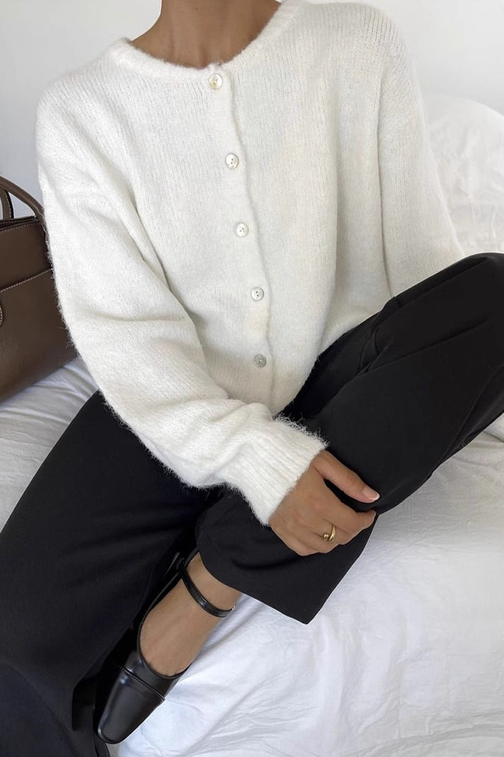 Soft Gray Vintage Shell-Button Knit Cardigan