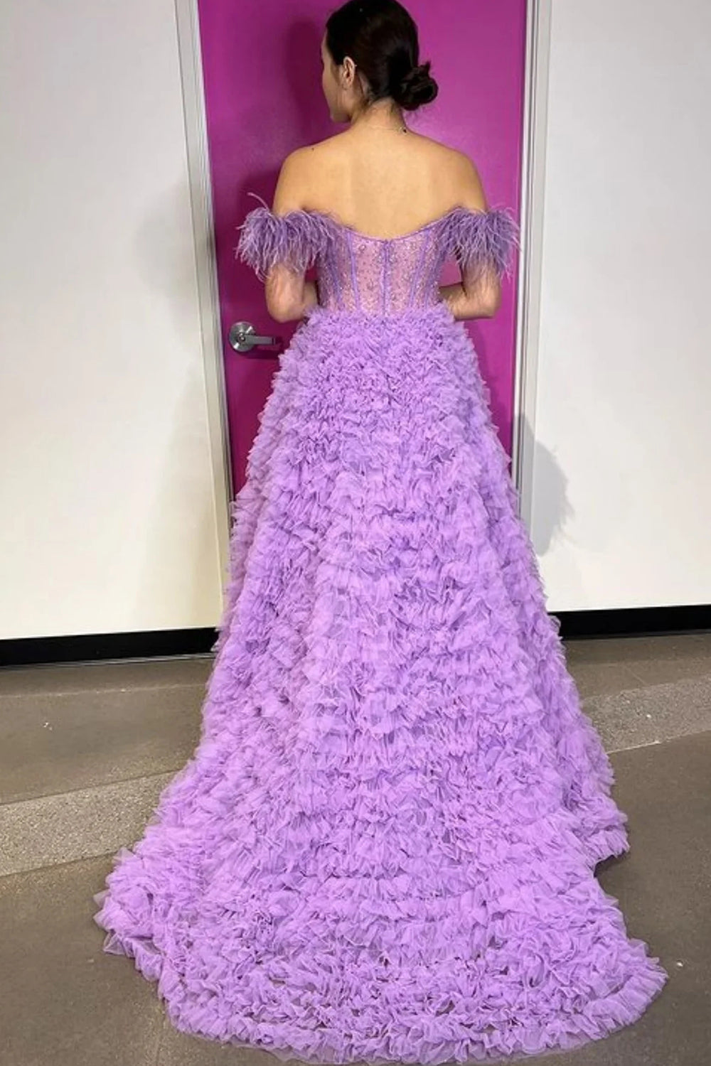Princess A Line Off the Shoulder Purple Long Prom Dress with Feather