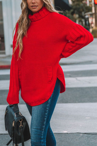 Oversize-Strickpullover mit Rollkragen und Kängurutasche 