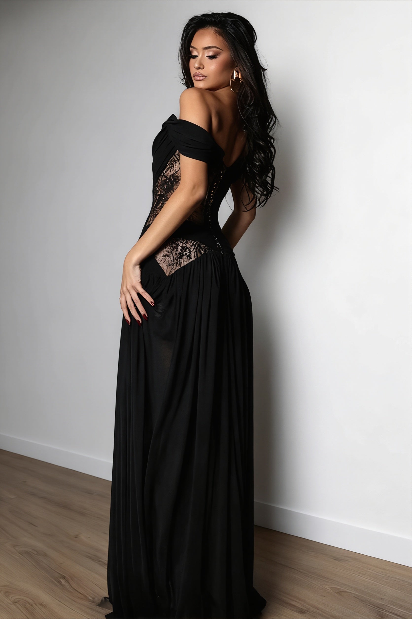 Draped Off Shoulder Lace Slit Maxi Dress