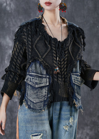 Boutique Schwarz Oversize Patchwork Denim Strick Tops Winter 