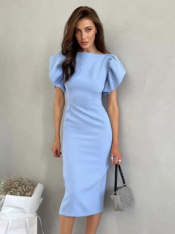 Vestido vintage ajustado con cuello barco, mangas largas y abertura en la espalda, vestidos midi de día 