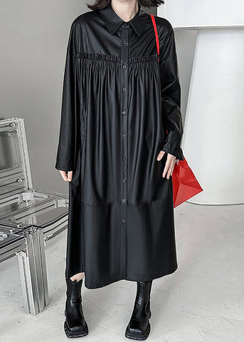 Mode Schwarz Peter Pan Kragen Kunstleder Patchwork Faltig Taste Trenchcoats Langarm 