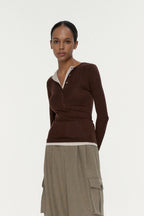 Button Detail Layered Long Sleeve Knit Top