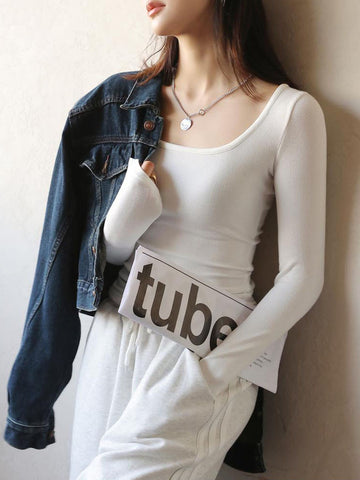 T-shirt Autumn Winter Low Neck Undercoat Women's Spring Autumn Top Long sleeve Slim fit inside and outside
