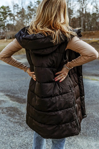 chic black quilted hooded vest coat