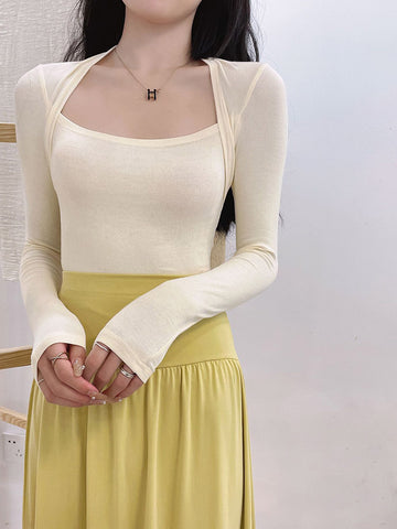 Fake Two Top Winter Base Square Collar Sexy Big Breasts Elegant Solid Color Slim Sexy Long Sleeve T-shirt Tees Tops Korean G6EB