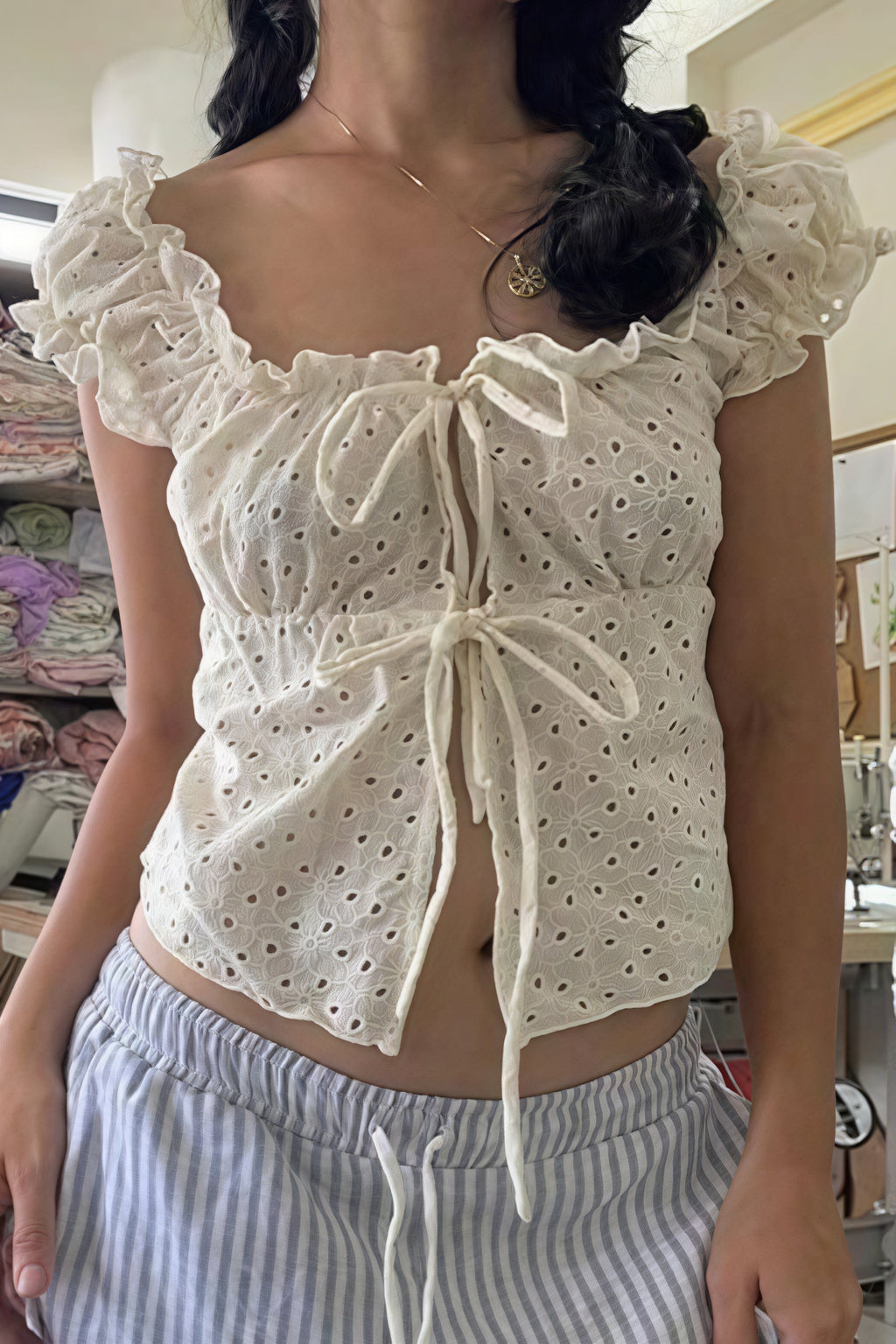 Lace Trim Tie Ruffle Tank Top