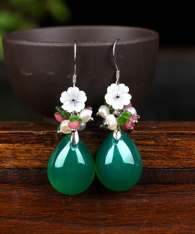 Pendientes colgantes de plata verde con incrustaciones de concha, flor de calcedonia y perla 