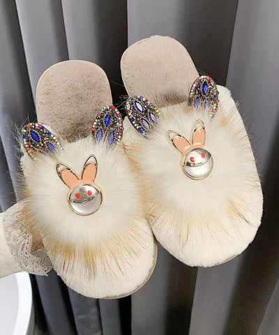 Mode Spleißen Hausschuhe Schuhe Khaki Fuzzy Pelz Zirkon 