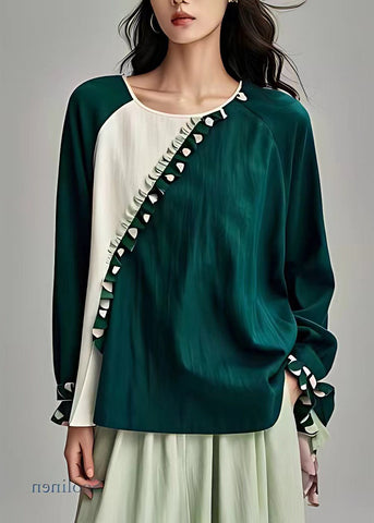 Pre sale - shipping in 30 days/New Green O-Neck Ruffled Patchwork Linen Tops Long Sleeve