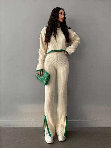 Autumn Winter Knitting Trousers Set Round Neck Long Sleeve Short Sweater Color Contrast Patchwork Slit Knitted Two Piece Set for Women