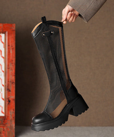 Sommerstiefel in Schwarz mit ausgehöhltem, atmungsaktivem Mesh-Spleißen und klobigem Absatz 