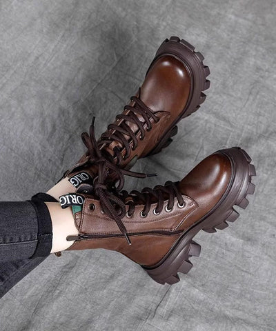 Fashion Splicing Plateaustiefel Schwarz Rindsleder Schnürstiefel 