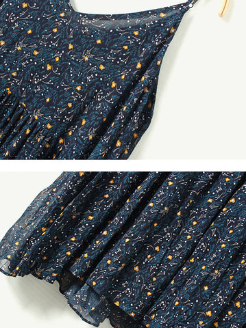 Women Vintage Floral Pleat V-Neck Loose Vest Dress
