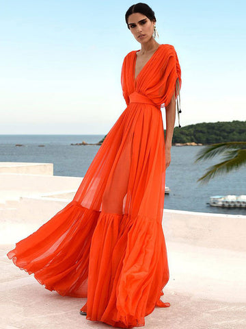 Women Maxi Dress Orange Red V-Neck Short Sleeves Backless   Long Dress